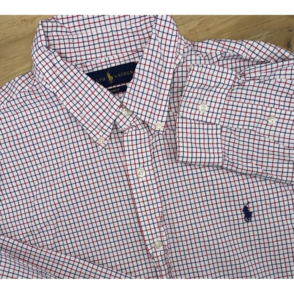 Polo Ralph Lauren Plaid Check Long Sleeve Button Down XL White Red Blue Slim Fit